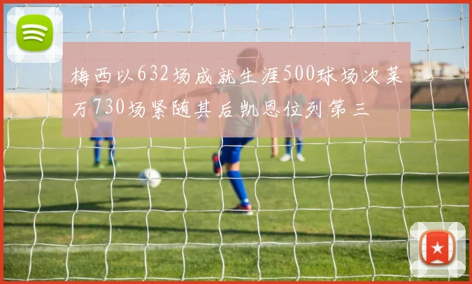 梅西以632场成就生涯500球场次莱万730场紧随其后凯恩位列第三